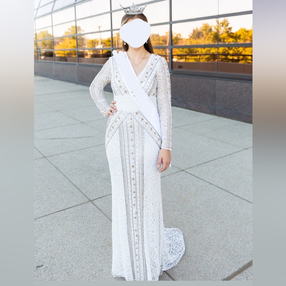 Primavera Couture White Beaded Long-Sleeve Evening Dress